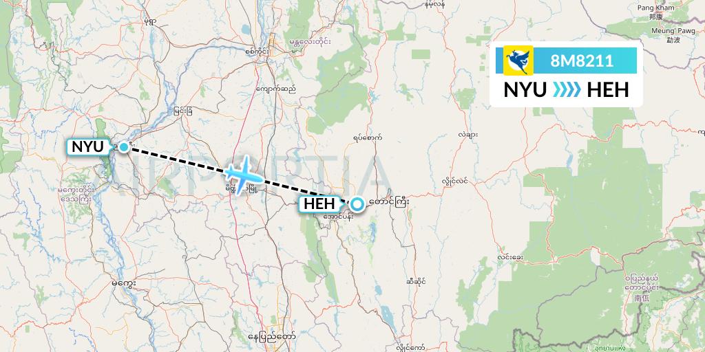 8M8211 Myanmar Airways International Flight Map: Nyaung U to Heho