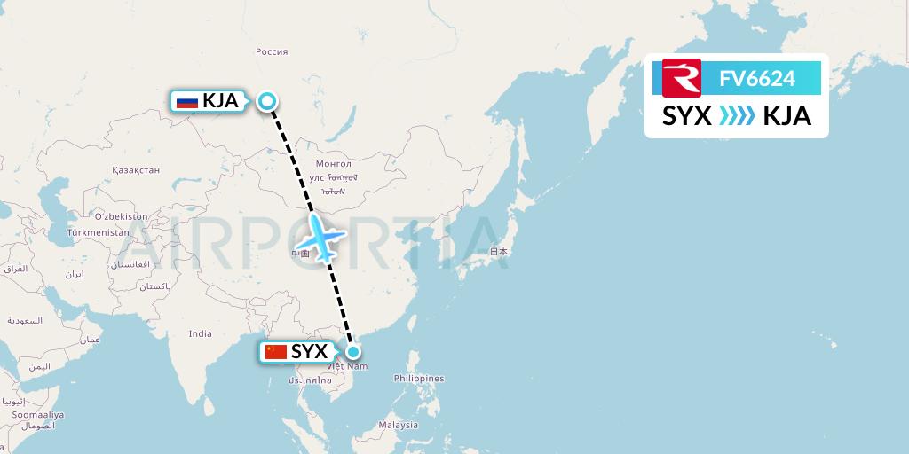 FV6624 Rossiya Flight Map: Sanya to Krasnoyarsk