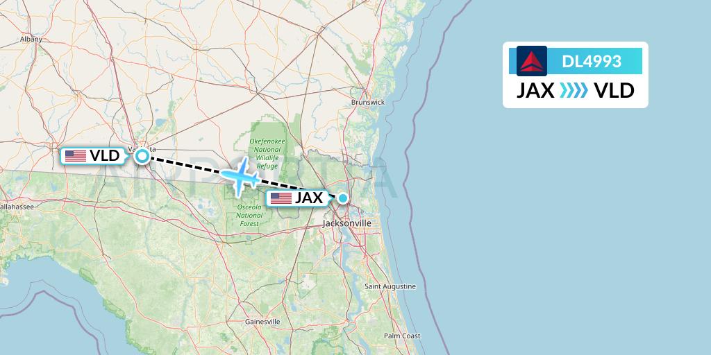 DL4993 Delta Air Lines Flight Map: Jacksonville to Valdosta