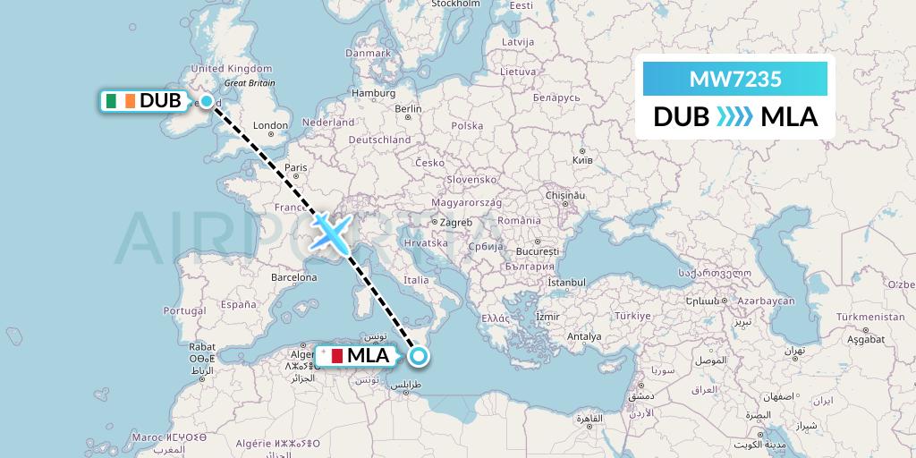 MW7235 Mokulele Flight Service Flight Map: Dublin to Malta