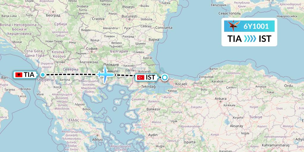 6Y1001 SmartLynx Flight Map: Tirana to Istanbul