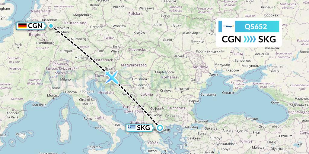 QS652 Smartwings Flight Map: Cologne to Thessaloniki