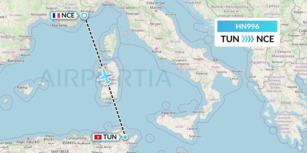 HN996 Uab Heston Airlines Jsc Heston Airl Flight Map: Tunis to Nice