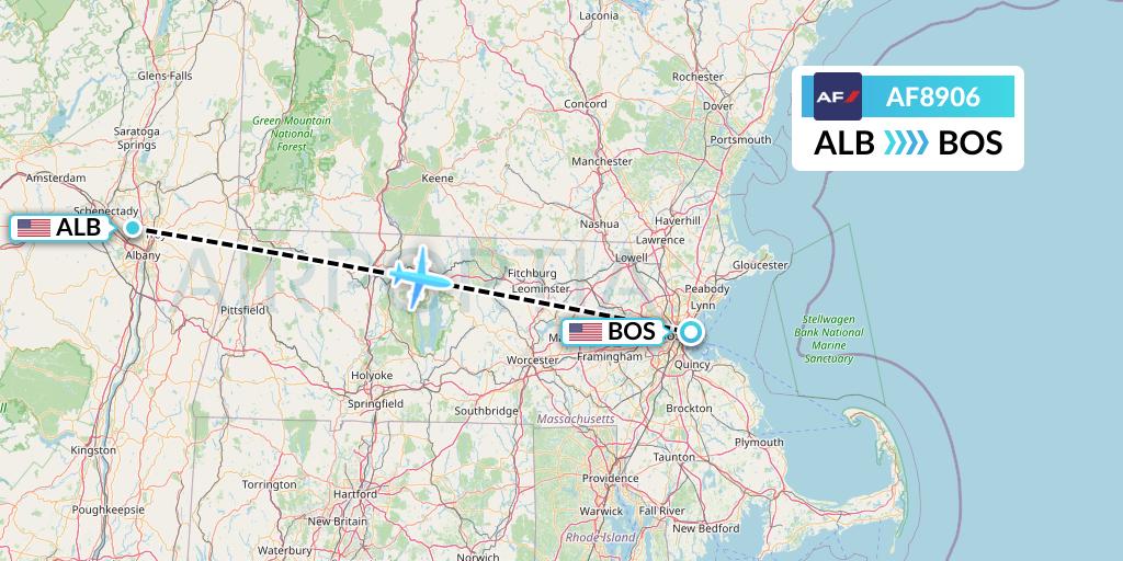 AF8906 Air France Flight Map: Albany to Boston