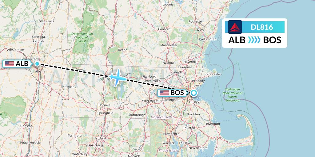 DL816 Delta Air Lines Flight Map: Albany to Boston