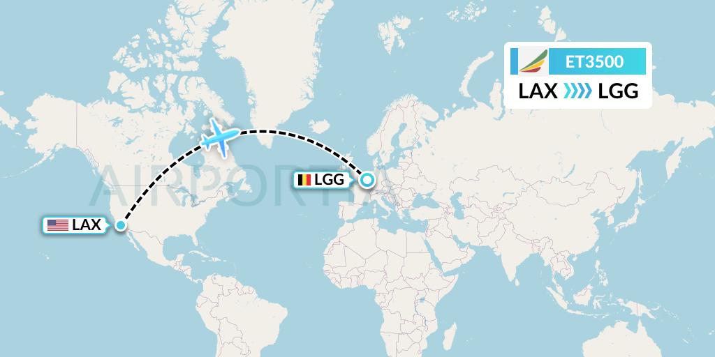 ET3500 Ethiopian Airlines Flight Map: Los Angeles to Liege