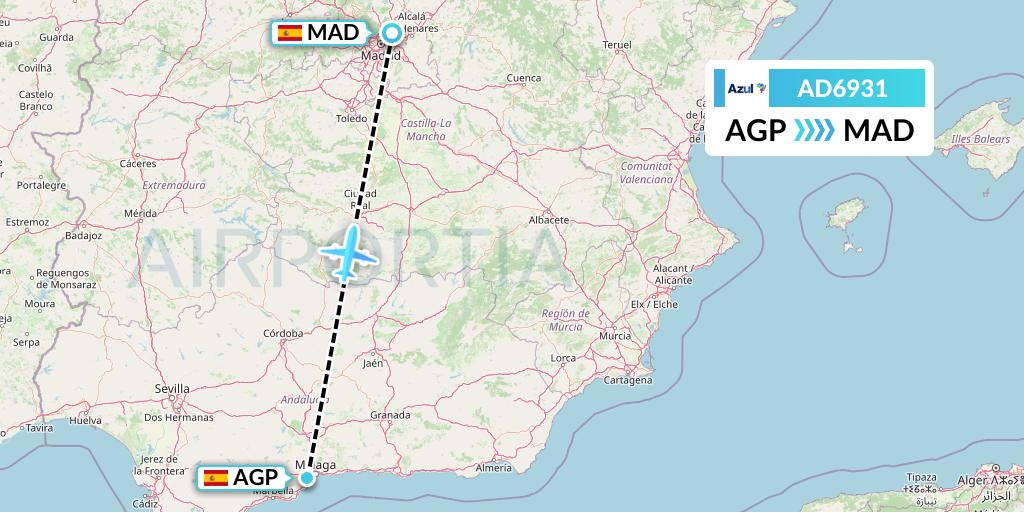 AD6931 Azul Brazilian Airlines Flight Map: Malaga to Madrid