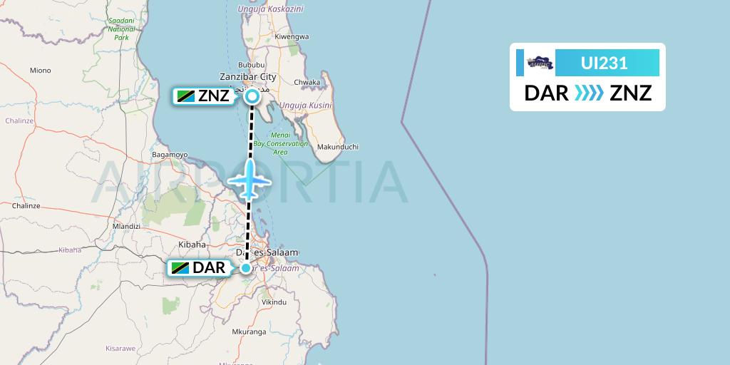 UI231 Auric Air Flight Map: Dar-es-Salaam to Zanzibar
