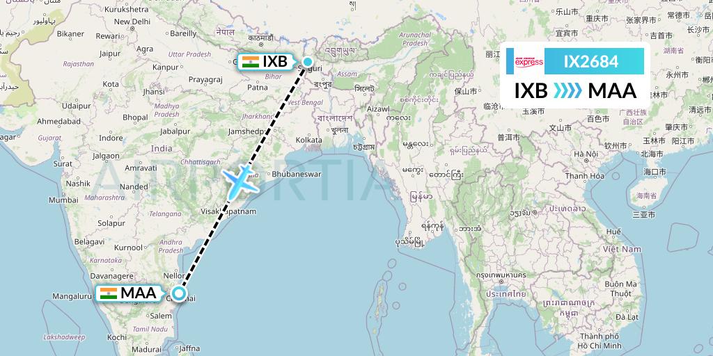 IX2684 Air India Express Flight Map: Siliguri to Chennai