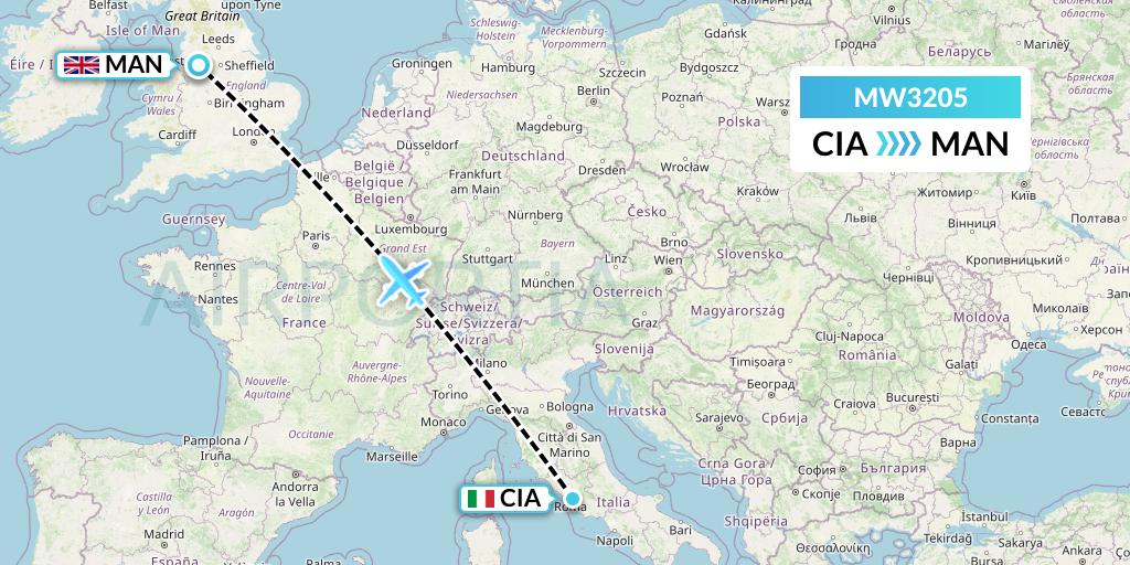 MW3205 Mokulele Flight Service Flight Map: Rome to Manchester
