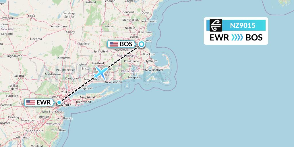 NZ9015 Air New Zealand Flight Map: New York to Boston
