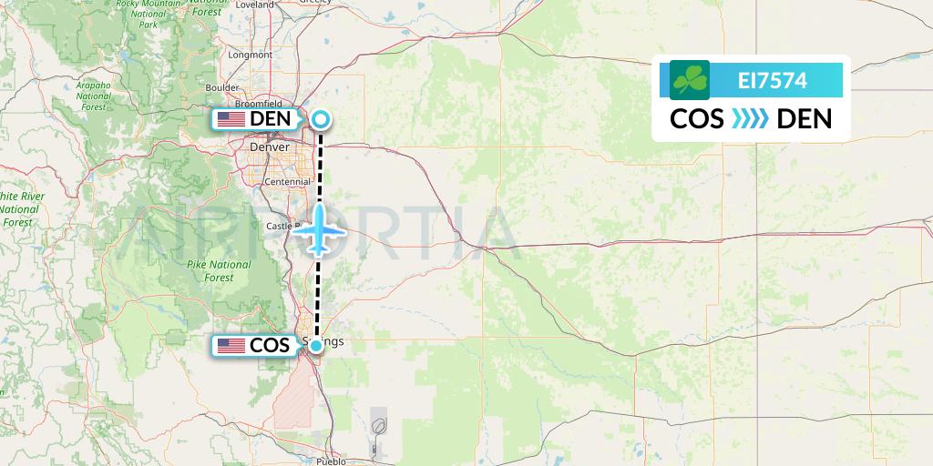 EI7574 Aer Lingus Flight Map: Colorado Springs to Denver
