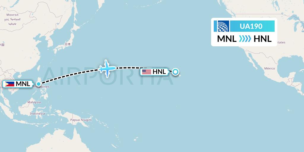 UA190 United Airlines Flight Map: Manila to Honolulu