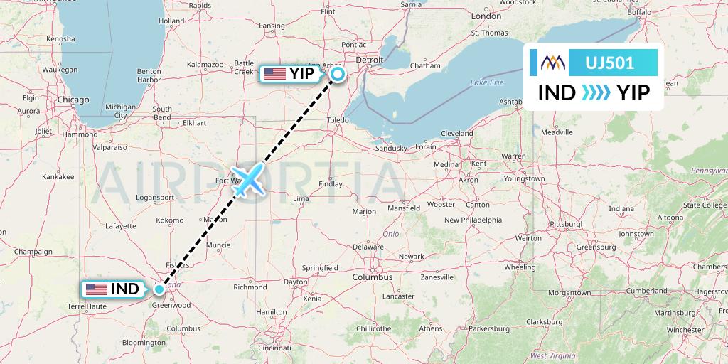 UJ501 AlMasria Universal Airlines Flight Map: Indianapolis to Detroit
