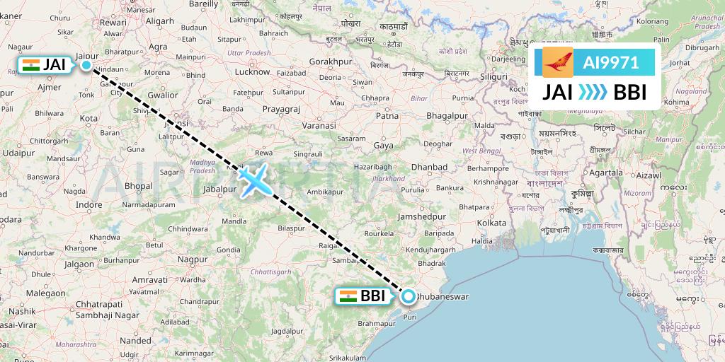 AI9971 Air India Flight Map: Jaipur to Bhubaneswar