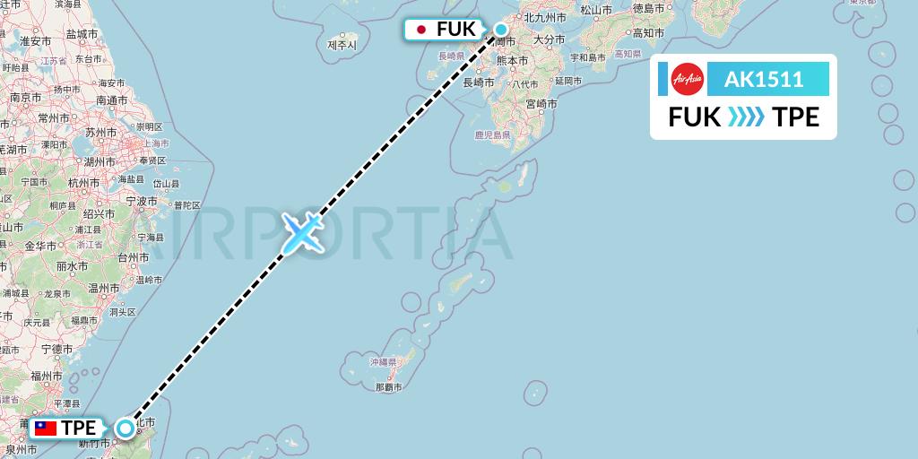 AK1511 AirAsia Flight Map: Fukuoka to Taipei
