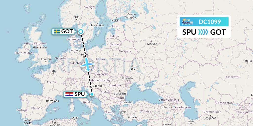 DC1099 Braathens Regional Flight Map: Split to Gothenburg