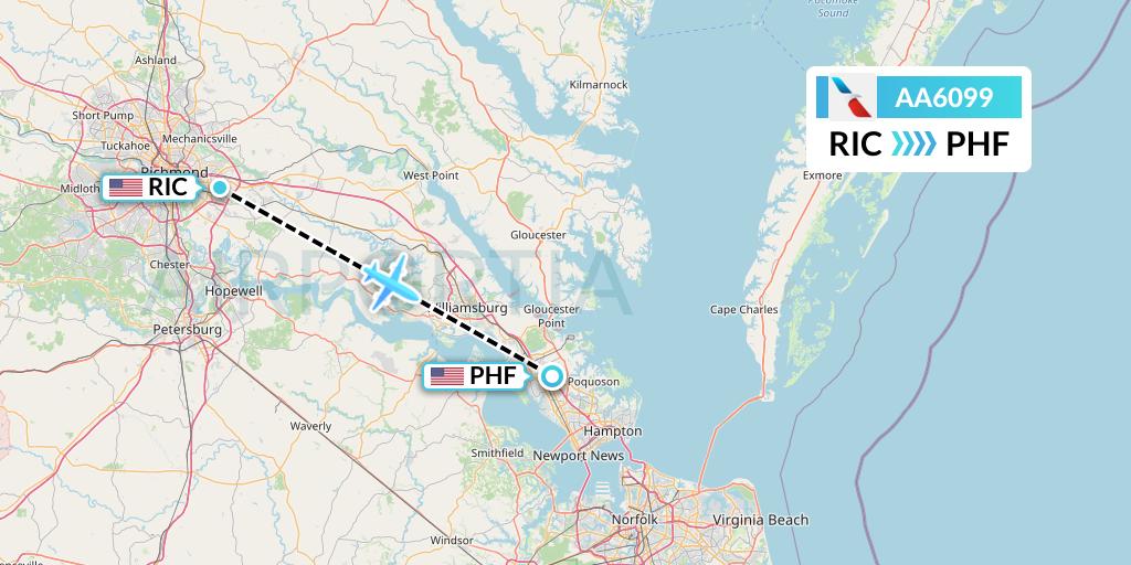 AA6099 American Airlines Flight Map: Richmond to Newport News