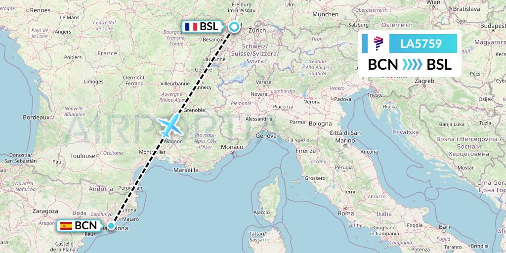 LA5759 LAN Airlines Flight Map: Barcelona to Basel