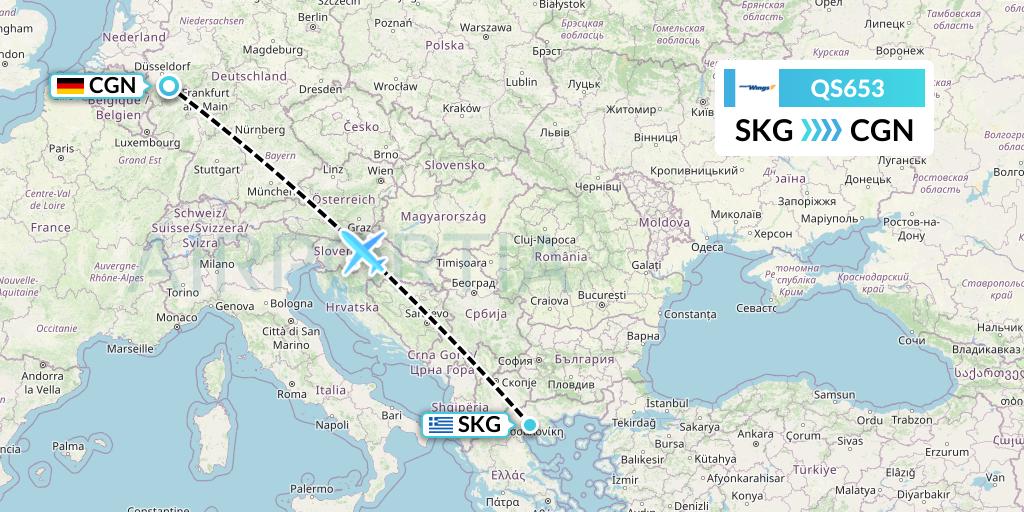 QS653 Smartwings Flight Map: Thessaloniki to Cologne