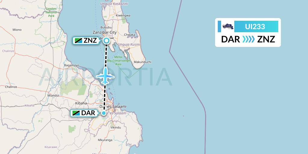 UI233 Auric Air Flight Map: Dar-es-Salaam to Zanzibar