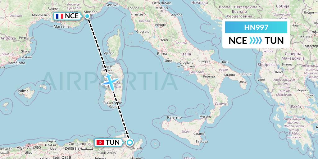 HN997 Uab Heston Airlines Jsc Heston Airl Flight Map: Nice to Tunis