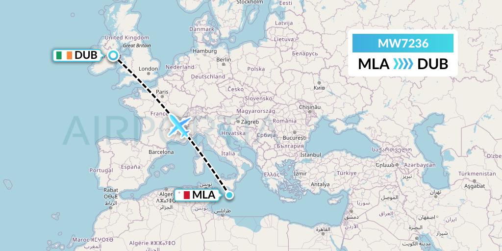 MW7236 Mokulele Flight Service Flight Map: Malta to Dublin