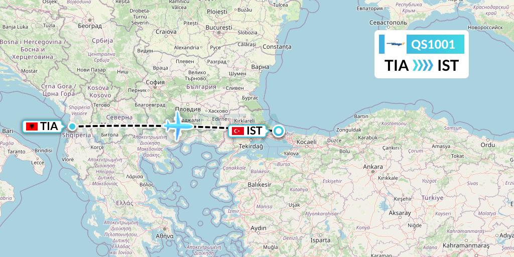 QS1001 Smartwings Flight Map: Tirana to Istanbul