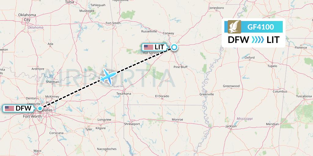 GF4100 Gulf Air Flight Map: Dallas to Little Rock
