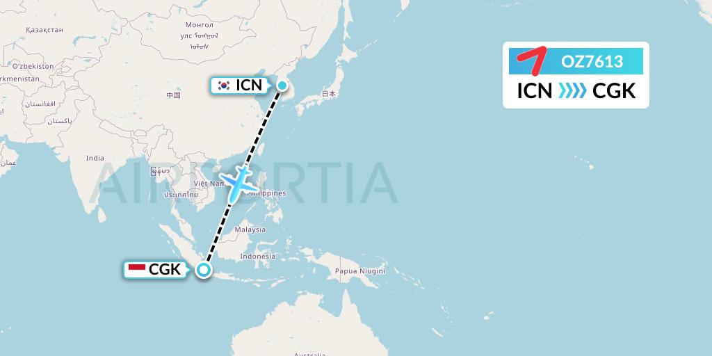 OZ7613 Asiana Airlines Flight Map: Seoul to Jakarta