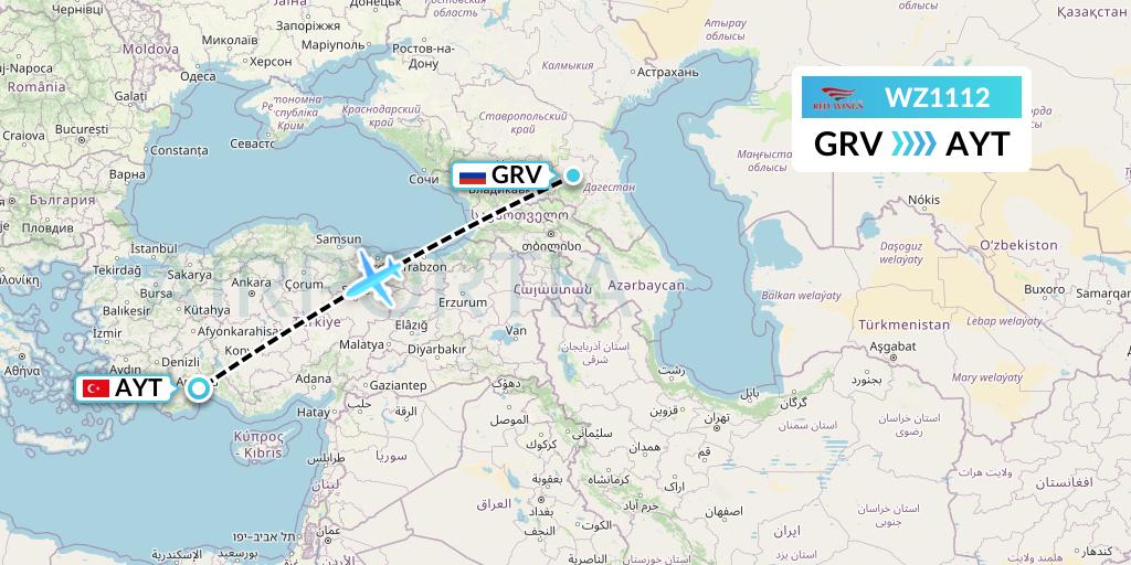 WZ1112 Red Wings Flight Map: Grozny to Antalya