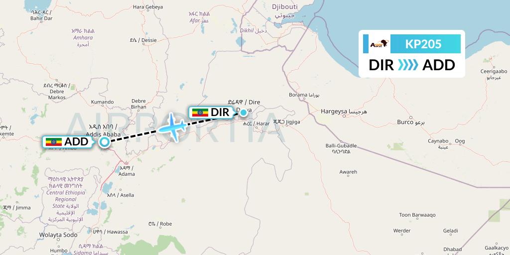 KP205 ASKY Flight Map: Dire Dawa to Addis Ababa
