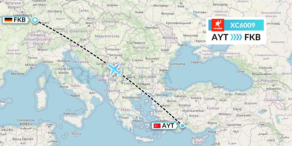 XC6009 Corendon Airlines Flight Map: Antalya to Karlsruhe/Baden-Baden