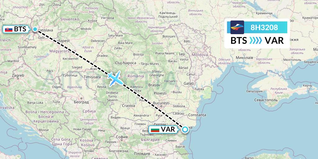 8H3208 BH Air Flight Map: Bratislava to Varna
