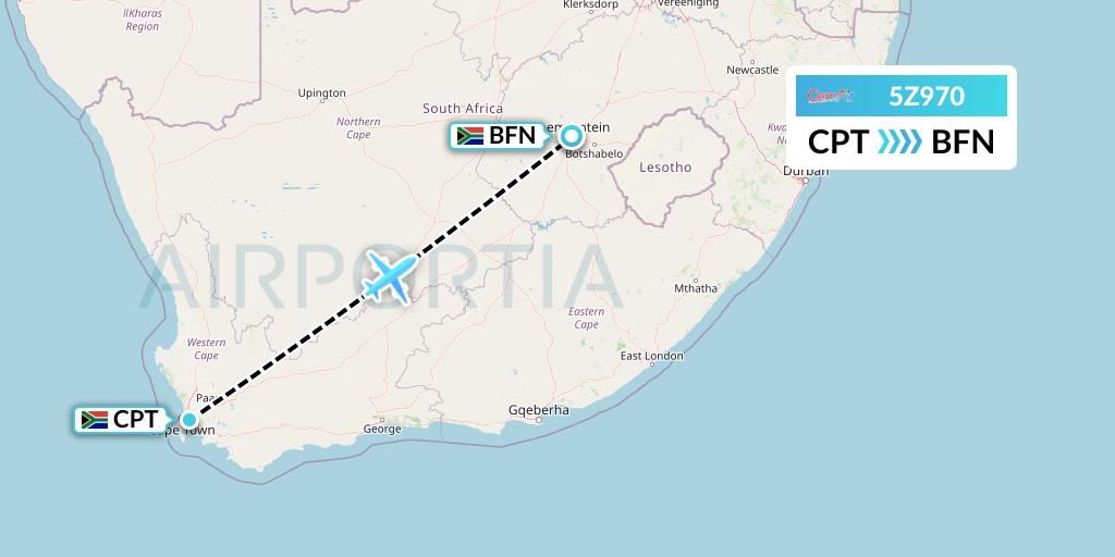 5Z970 CemAir Flight Map: Cape Town to Bloemfontein