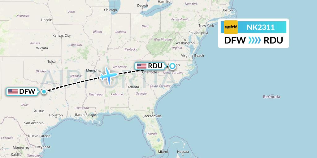 NK2311 Spirit Airlines Flight Map: Dallas to Raleigh-Durham