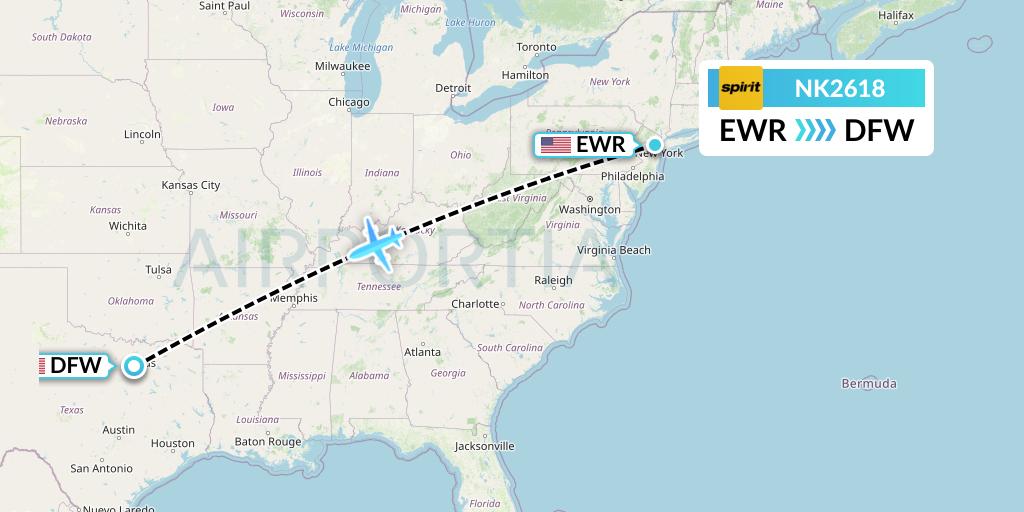 NK2618 Spirit Airlines Flight Map: New York to Dallas