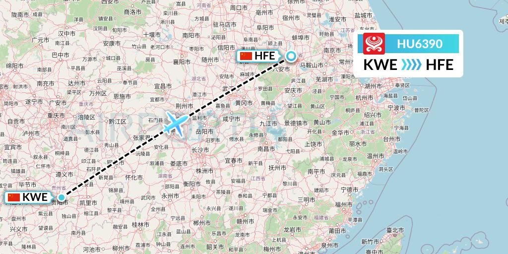 HU6390 Hainan Airlines Flight Map: Guiyang to Hefei
