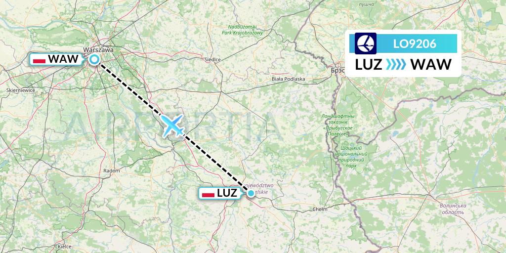 LO9206 LOT Flight Map: Lublin to Warsaw