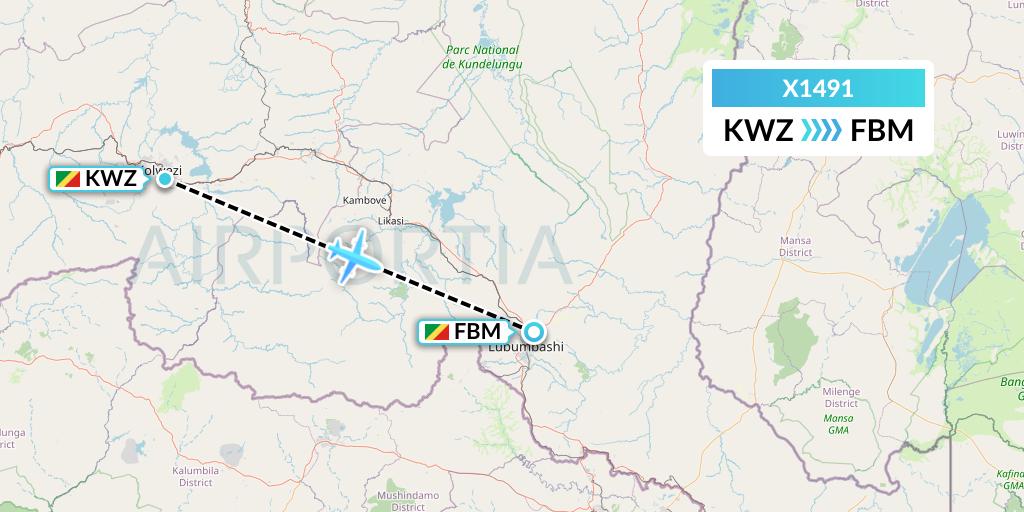 X1491 Nik Airways Flight Map: Congo to Lubumbashi