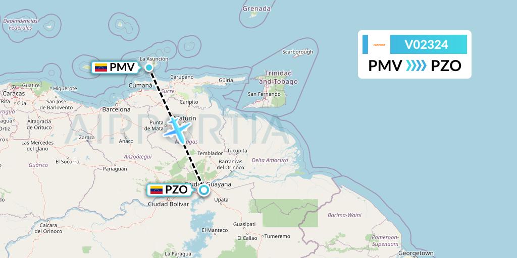 V02324 Conviasa Flight Map: Porlamar to Puerto Ordaz