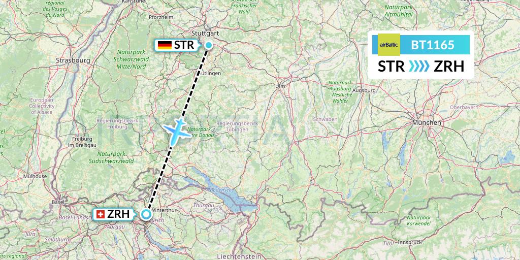 BT1165 Air Baltic Flight Map: Stuttgart to Zurich