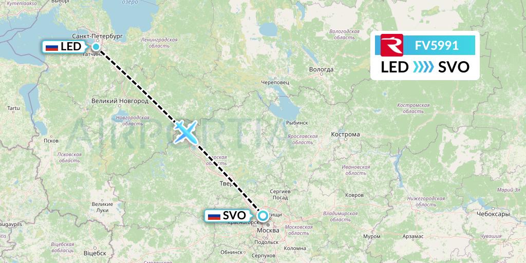 FV5991 Rossiya Flight Map: St. Petersburg to Moscow