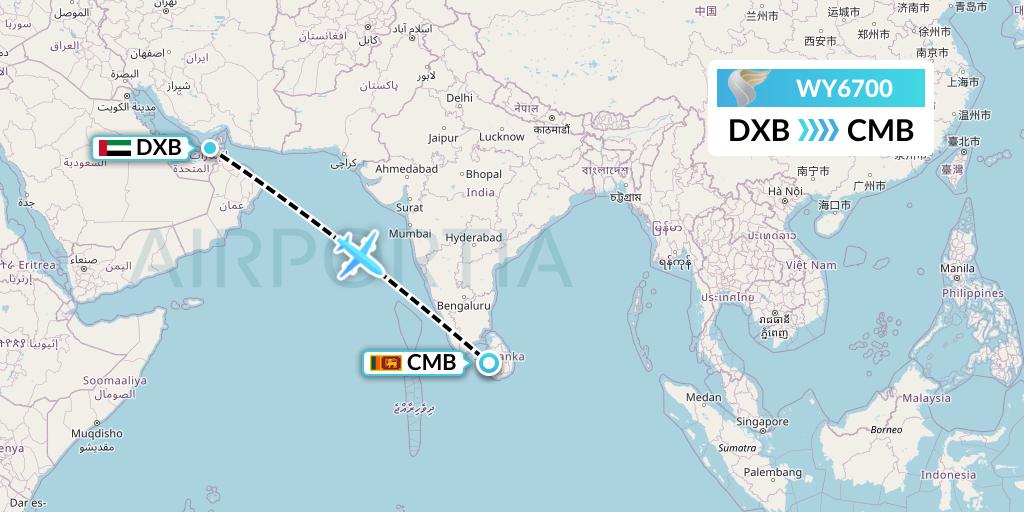 WY6700 Oman Air Flight Map: Dubai to Colombo
