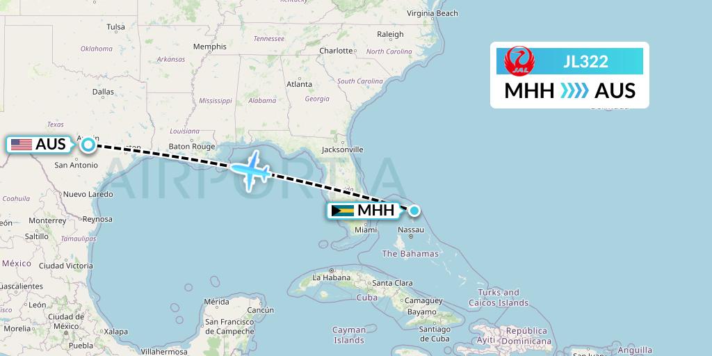 JL322 Japan Airlines Flight Map: Marsh Harbour to Austin