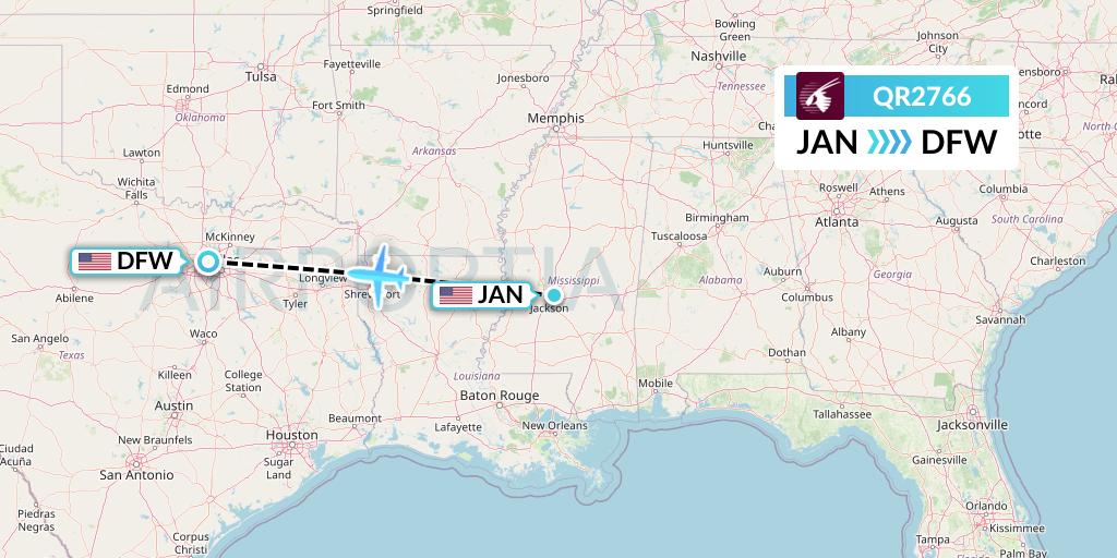 QR2766 Qatar Airways Flight Map: Jackson to Dallas