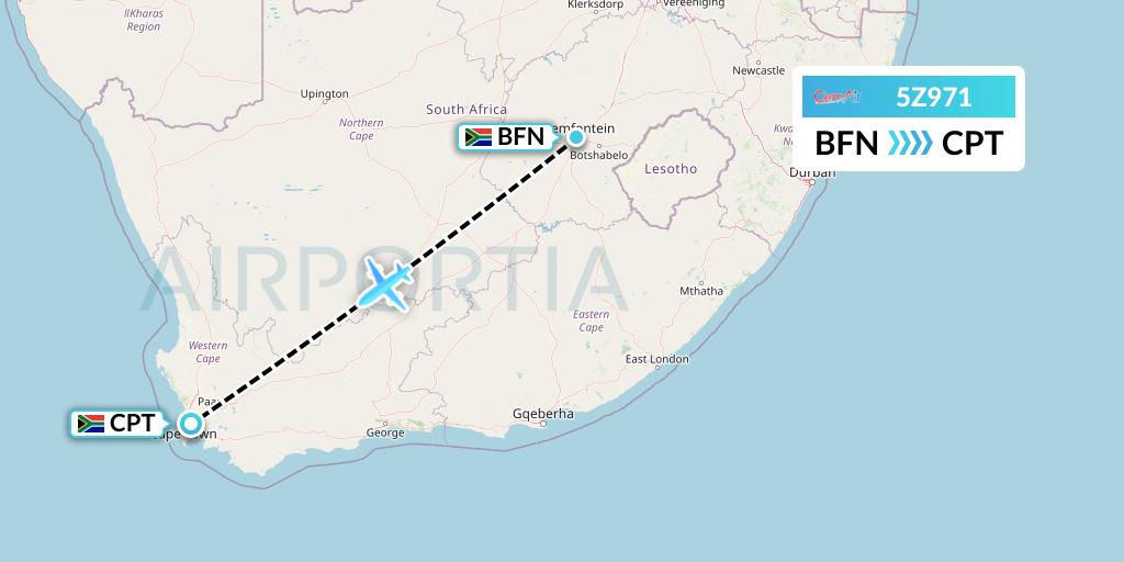 5Z971 CemAir Flight Map: Bloemfontein to Cape Town