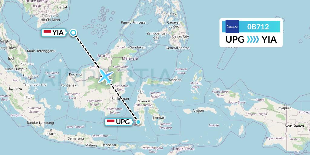 0B712 Blue Air Flight Map: Makassar to Yogyakarta