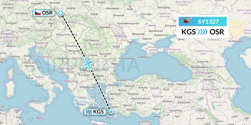 6Y1327 SmartLynx Flight Map: Kos to Ostrava