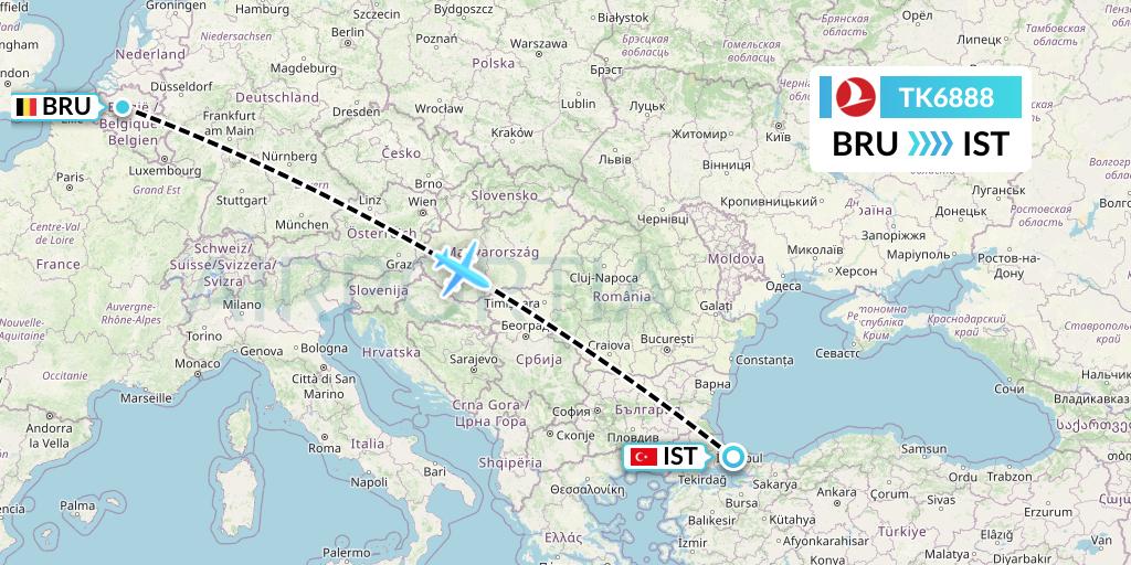 TK6888 Turkish Airlines Flight Map: Brussels to Istanbul